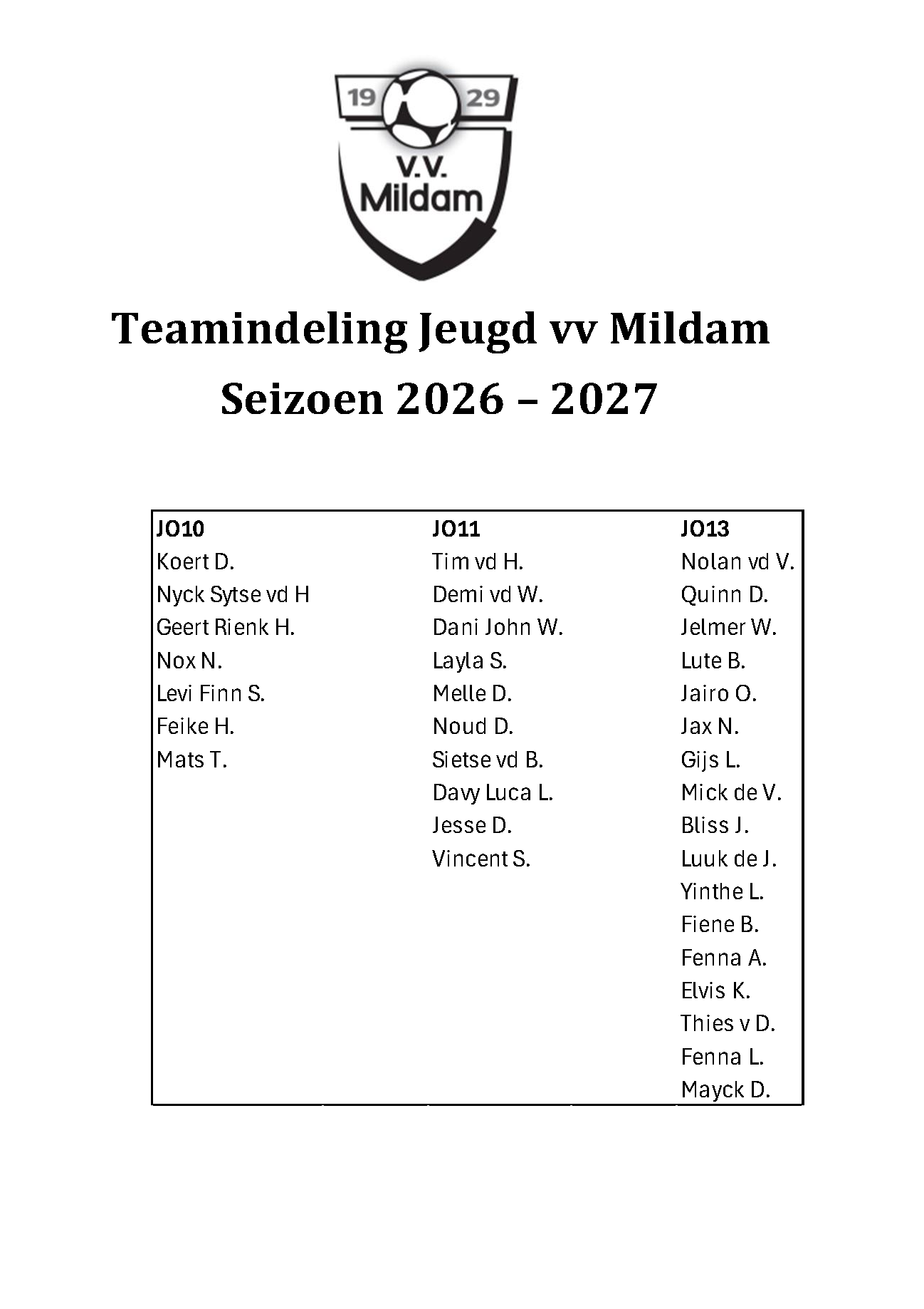 Teamindeling Jeugd 2026 - 2027